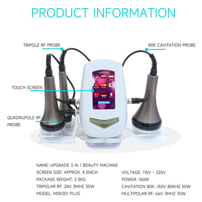 Nova máquina de emagrecimento de cavitação 3 em 1 80K ultrassônica para modelar o corpo massagem RF dispositivo de levantamento de aperto da pele facial com suporte