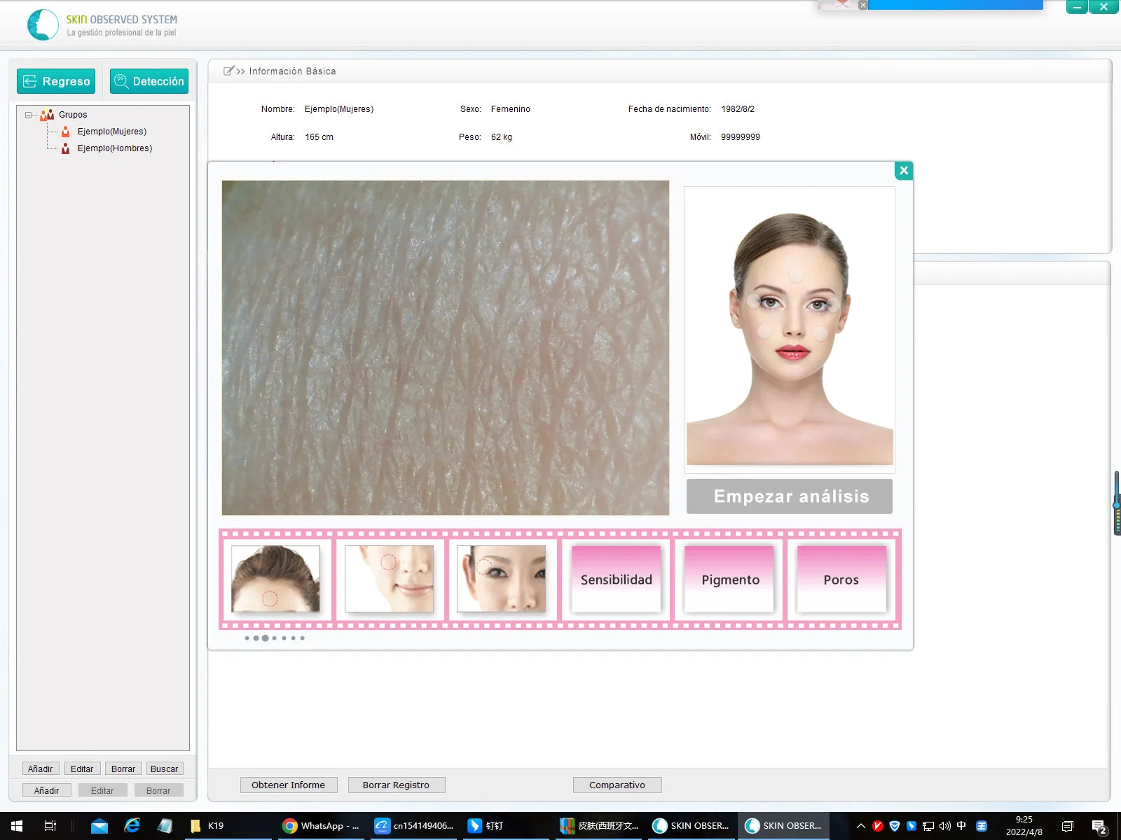 Advanced facial skin analyzer for 2023, analyzes skin details of Example Female, 41, 165cm, 62kg.