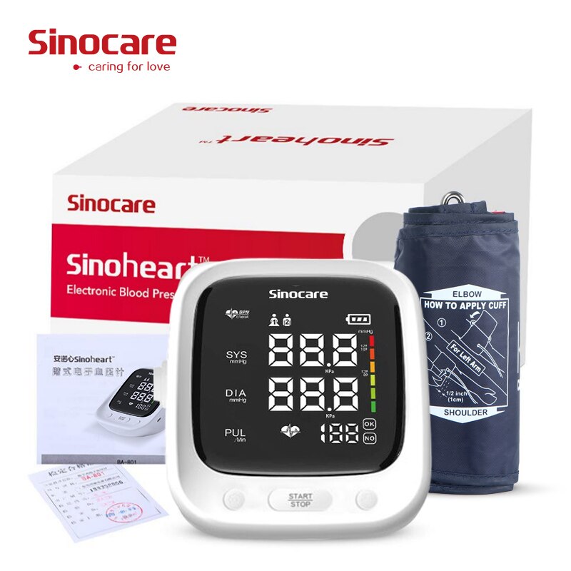 Sinocare esfigmomanômetro de braço Monitor de pressão arterial Monitor digital profissional de pressão arterial Manguito ajustável Modo de 2 usuários