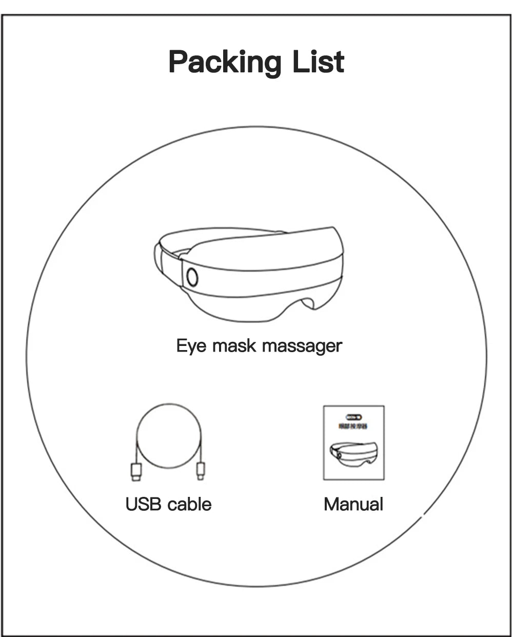 Pack includes eye massager, USB charging cable, and instruction manual.