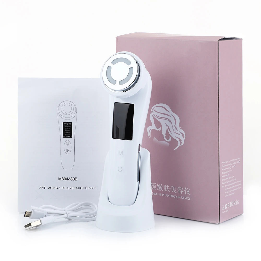 Advanced facial massager for anti-aging, skin tightening, and rejuvenation using mesotherapy, radiofrequency, and LED light therapy.