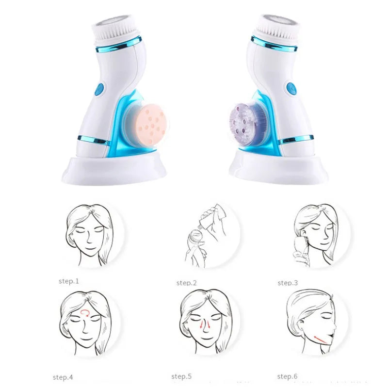 Electric device cleans and massages skin on face, body, and pores.