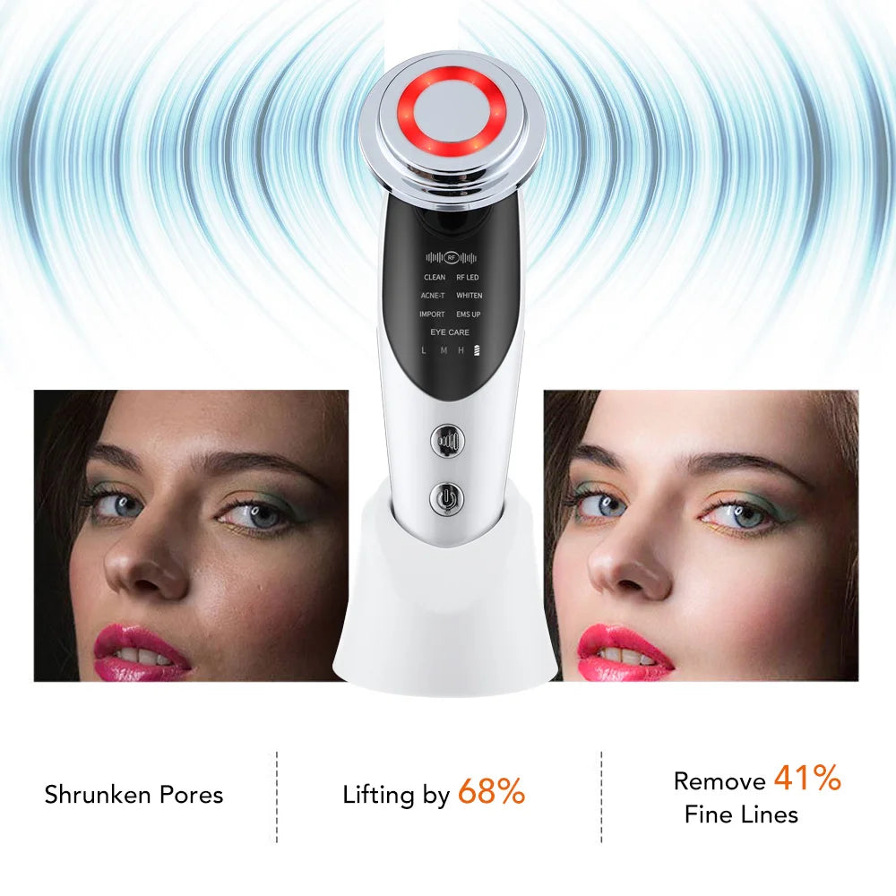 7-in-1 facial massager with meso, RF, and EMS tech for tightened, lifted, and whitened skin.