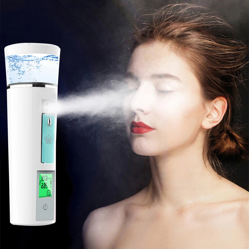 Nano Mist Facial Steamer with LCD display, rechargeable battery, and multiple functions for skin rejuvenation and moisture.