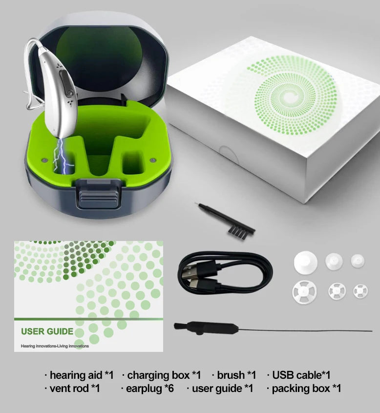 User guide included for hearing amplifier with battery charger and accessories.