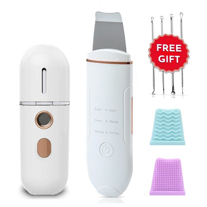 Ultrasonic Skin Scrubber Peeling Shovel+Nano Face Steamer Sprayer Humidifier Acne Pore Cleaner Exfoliating Spatula Lift Massager