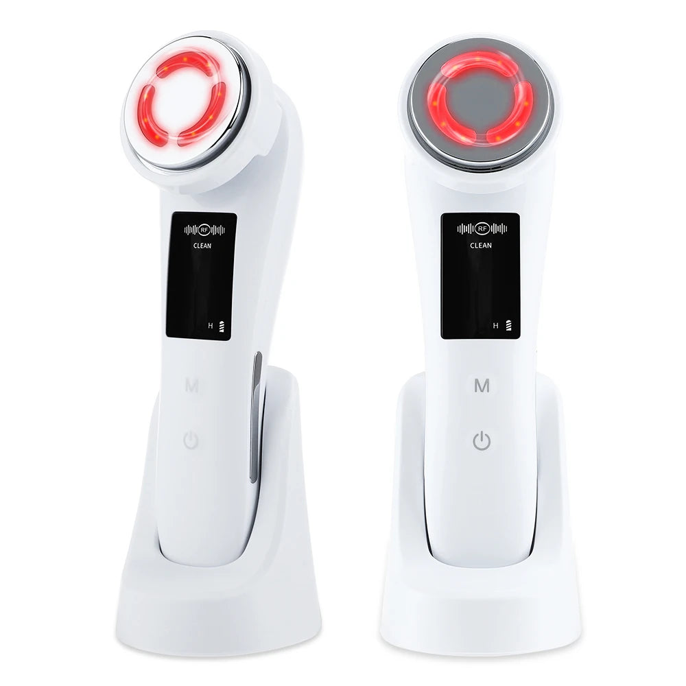 Facial massager for skin tightening, lifting, and care using mesotherapy, radiofrequency, EMS, and LED technology.