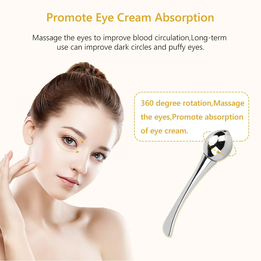 Massage tool for eyes promotes cream absorption, circulation, and reduced puffiness.