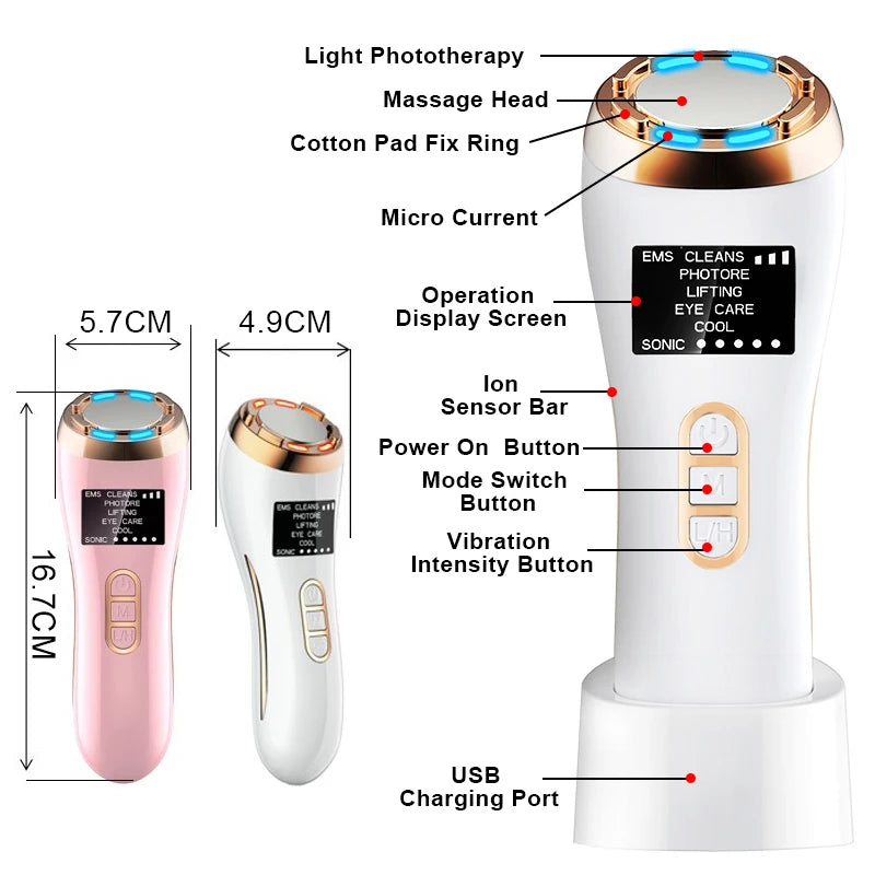 Multi-functional facial device with various technologies for rejuvenation and lifting.