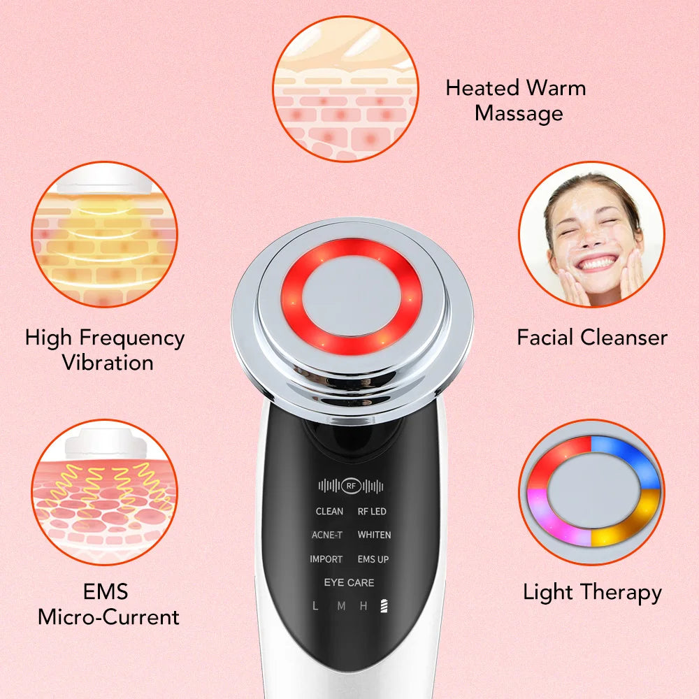 Advanced skincare device with heat, massage, cleansing, vibration, and micro-currents for acne-prone and aging skin.