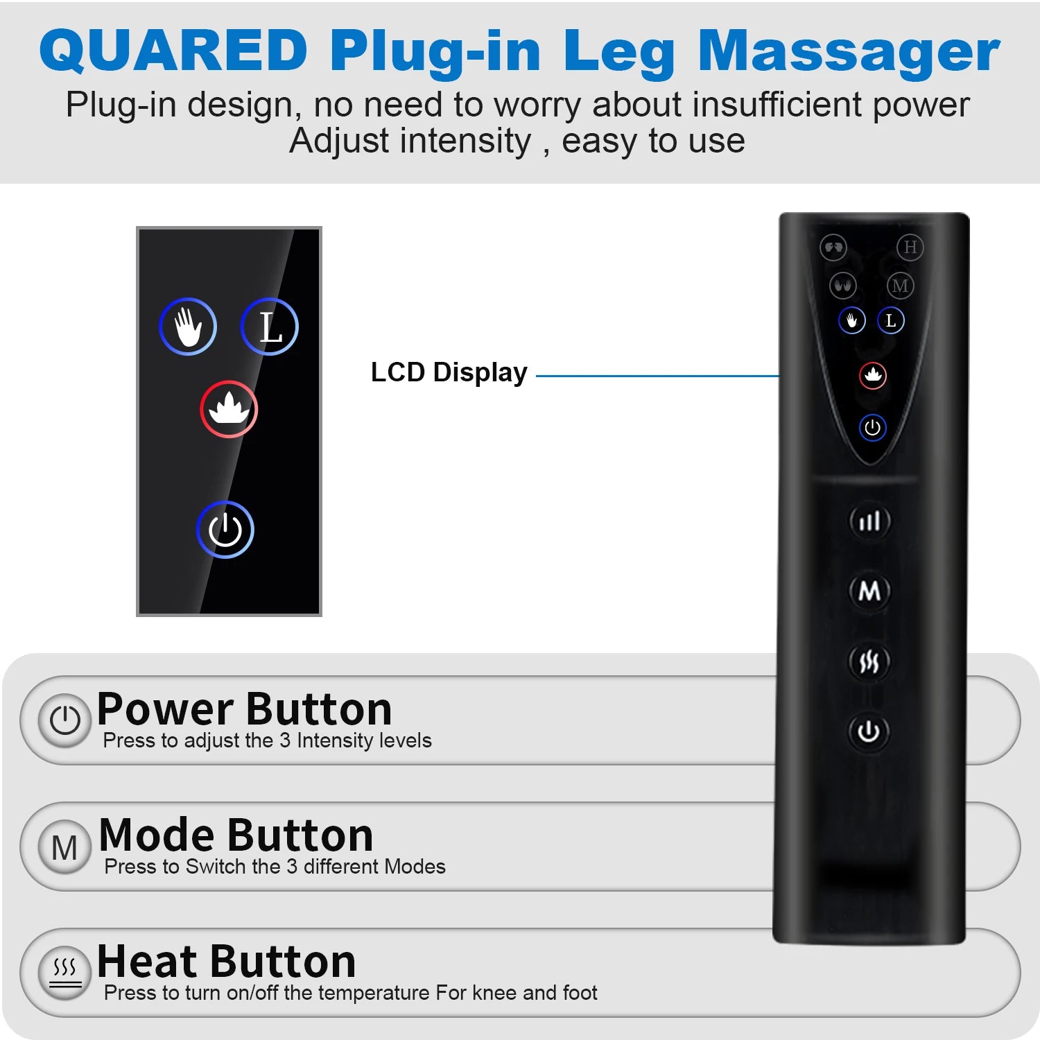 Plug-in foot massager with adjustable intensity and modes for relaxing and promoting circulation.