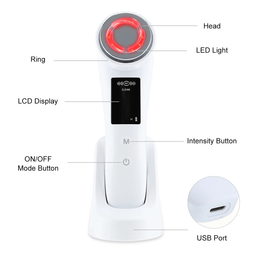 LED light ring, LCD display, intensity control, and USB charging make this device user-friendly.