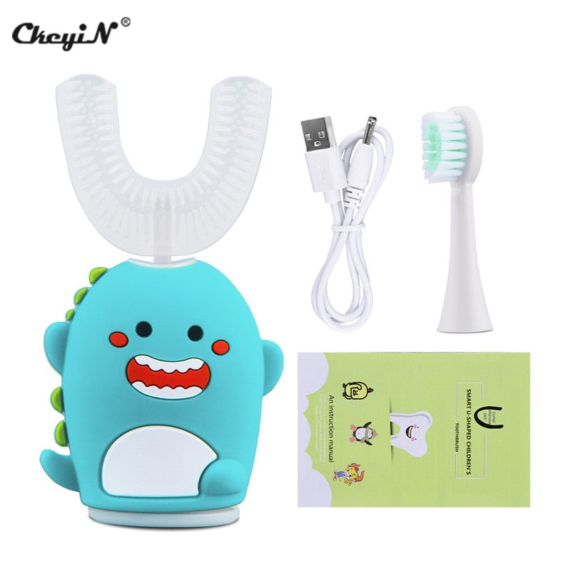 CkeyiN Ultrasonic Electric Toothbrush for Kids U-Shaped Sonic Automatic Teeth Brush Silicone Toothbrush Children Blue Light