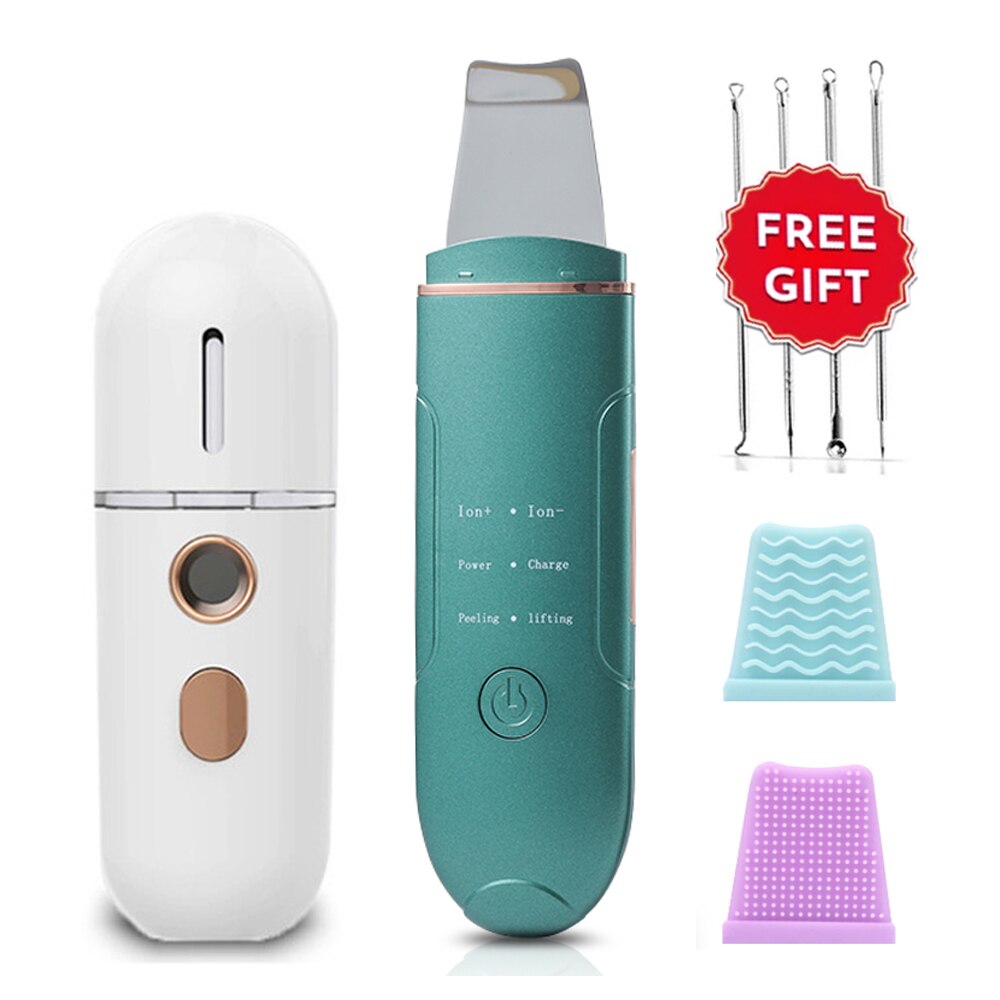 Ultrasonic Skin Scrubber Peeling Shovel+Nano Face Steamer Sprayer Humidifier Acne Pore Cleaner Exfoliating Spatula Lift Massager