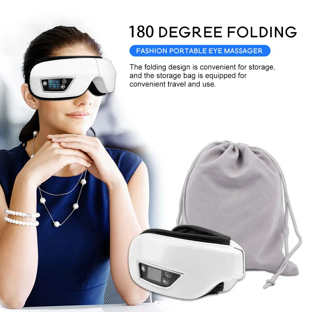 Portable eye massager for on-the-go relaxation, folds 180 degrees and includes travel bag.