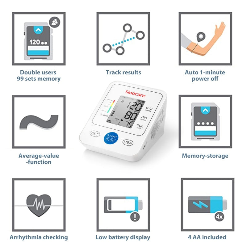 Sinocare Monitor della pressione arteriosa Tensiometro Braccio superiore Automatico Digitale BP Macchina Pulse Cardiofrequenzimetro