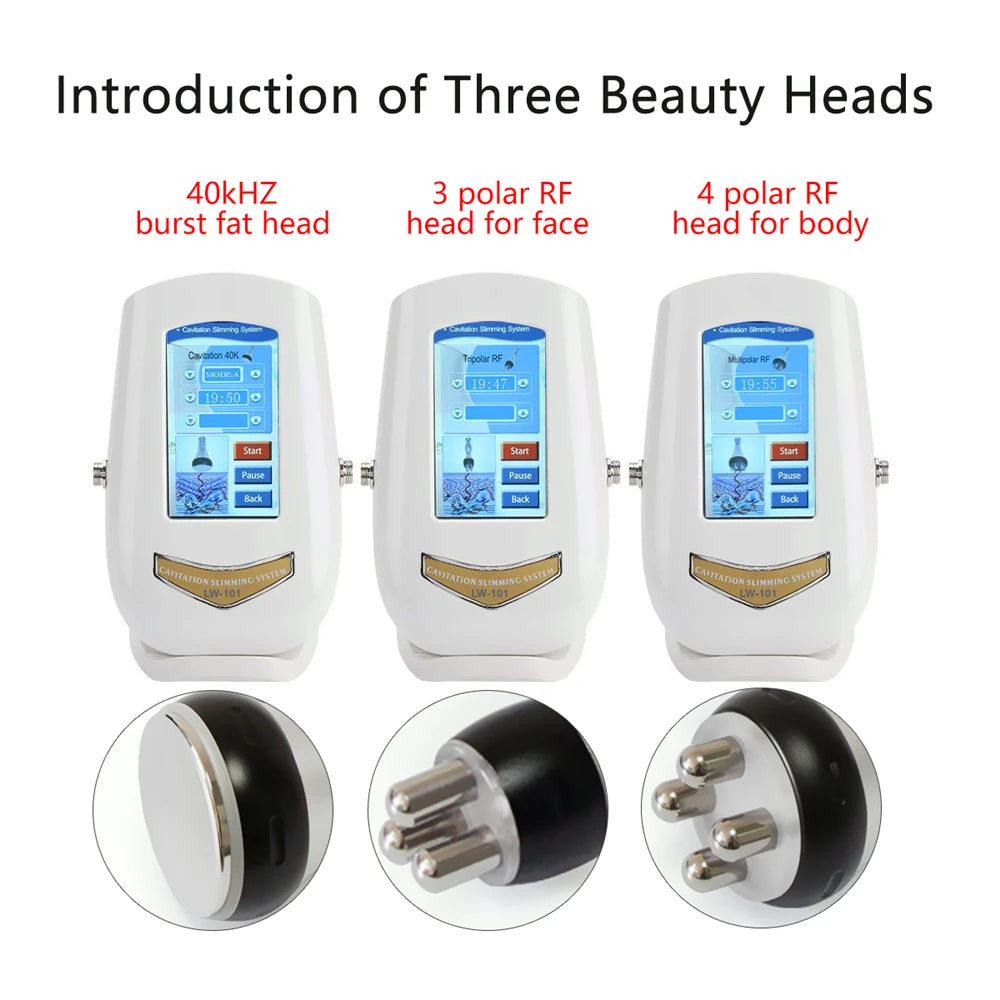 Ultrasonic cavitation device for facial rejuvenation and body contouring with three beauty heads and four treatment modes.