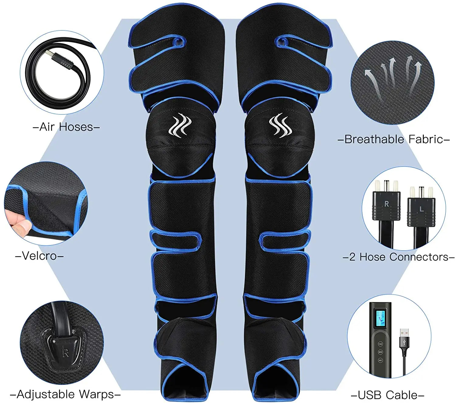 Air pressure leg massager with breathable fabric, adjustable tension, and USB charging.