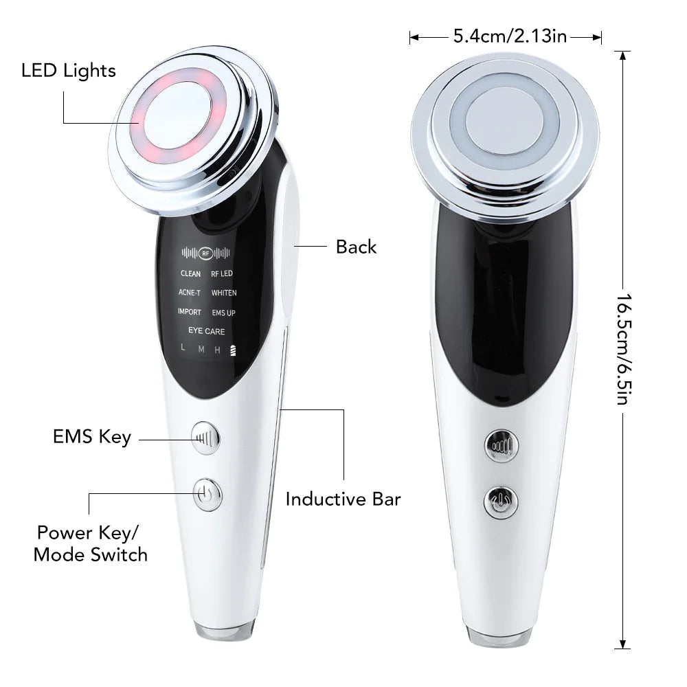 Compact device with LED lights, inductive power, and key mode for various beauty treatments.