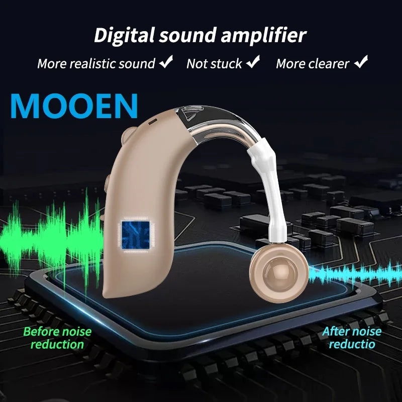 Sound amplifier for clearer hearing with reduced noise.