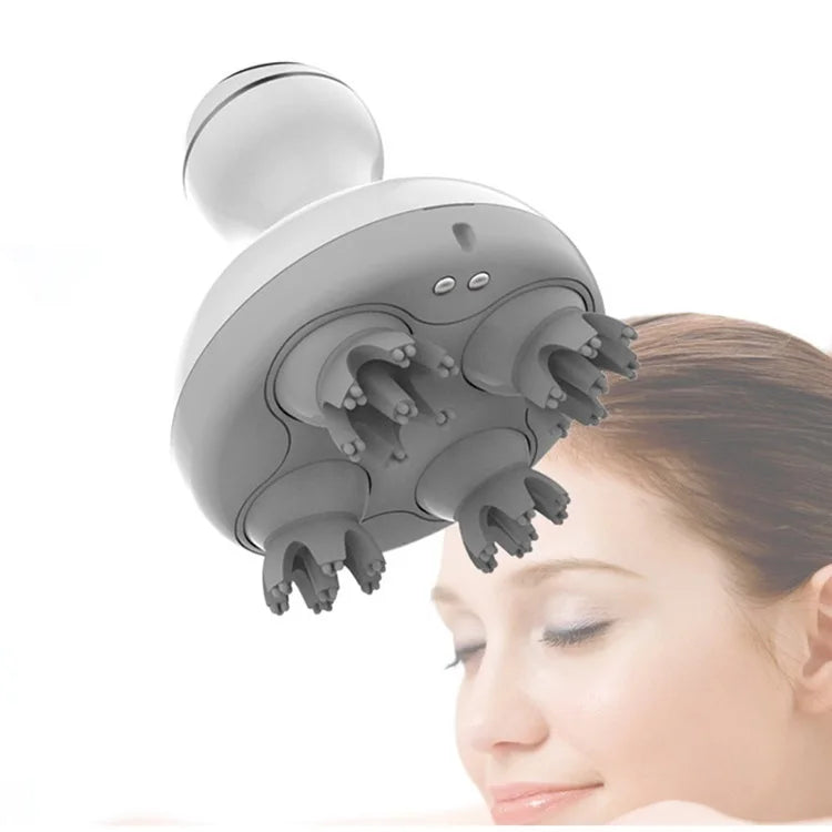 Wireless scalp massager for hair growth, deep tissue kneading and body relaxation with vibration and water resistance.