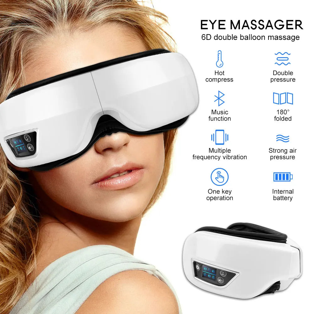 Relaxing eye massager with dual balloons, triple compression, heat/cold, Bluetooth music, and vibrations.