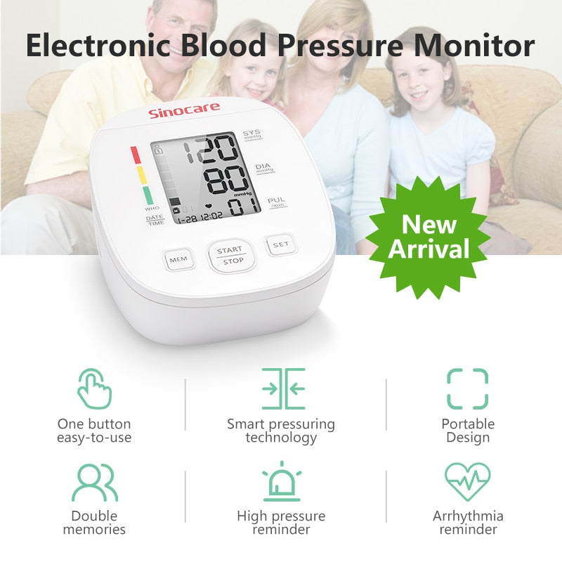 Sinocare Blood Pressure Monitor Tensiometer Upper Arm Automatic Digital BP Machine Pulse Heart Rate Monitor