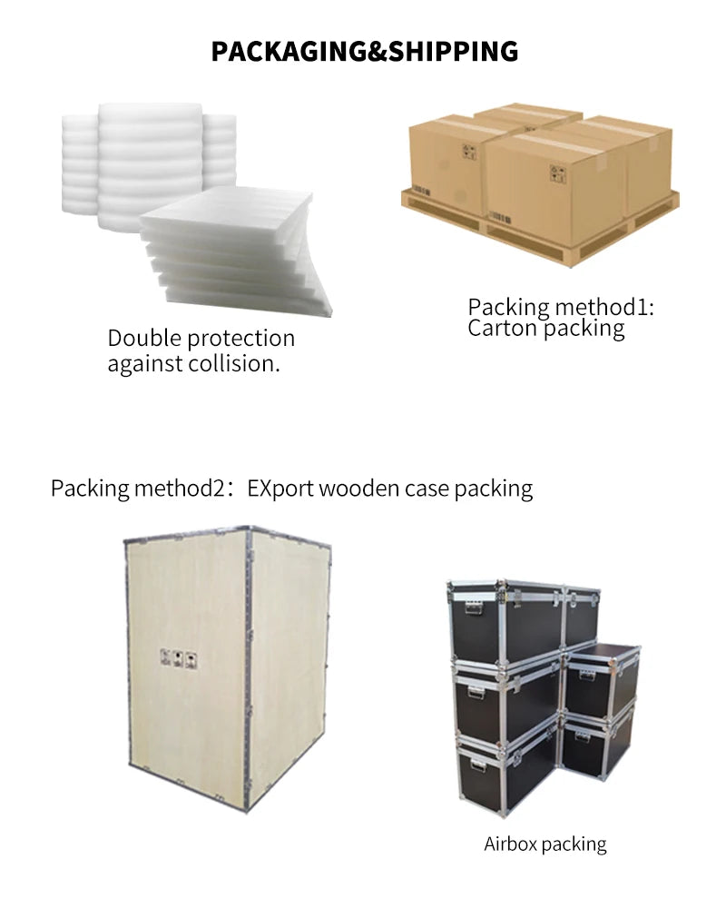 Robust packaging for shock resistance and international shipping, featuring dual-layer cartons and air-filled wrapping.