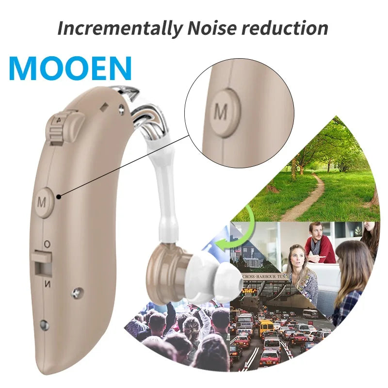 Advanced noise reduction technology enhances sound clarity in this compact digital hearing aid for seniors.