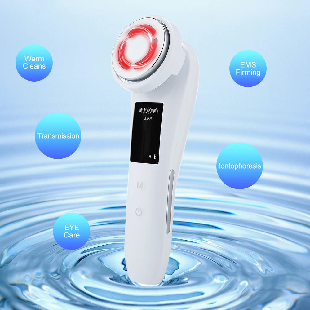 Skin rejuvenator device that warms, cleans, firms, and lifts skin using EMS technology.