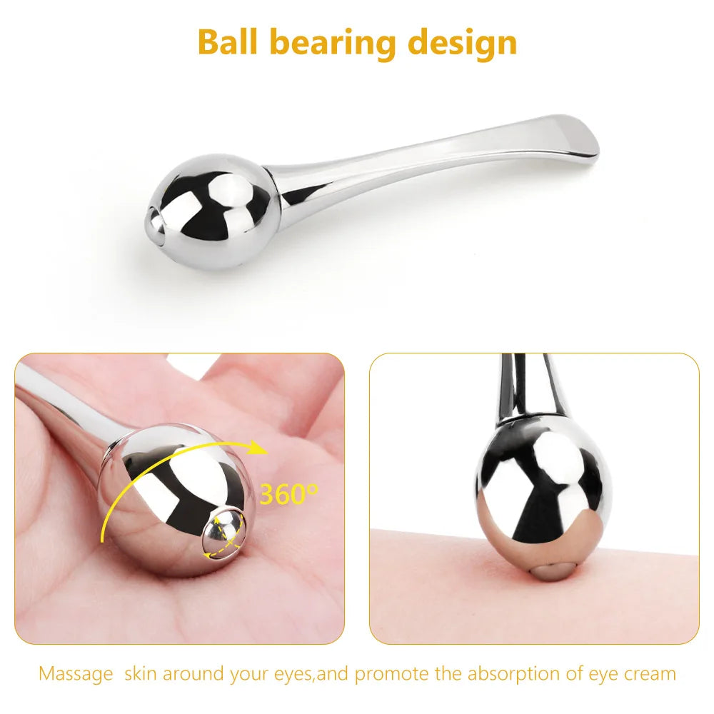 Eye massager with ball-bearing design for gentle, 360-degree strokes, promoting eye cream absorption.