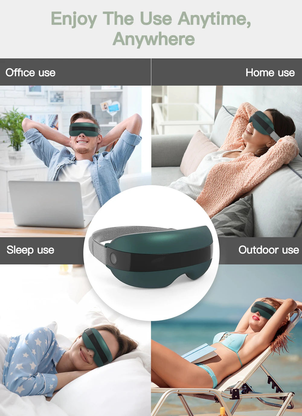 Portable eye massager for anywhere, anytime use, promoting relaxation and relief.