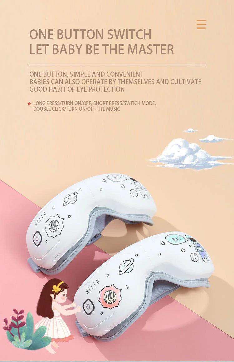 Independent baby-friendly eye massager with simple one-button operation and adjustable modes.