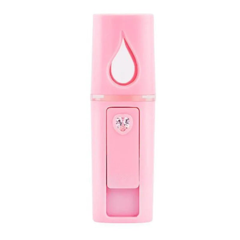 Facial steamer with rechargeable battery, mist sprayer, and mirror, weighs 50g, measures 10.5x3cm.