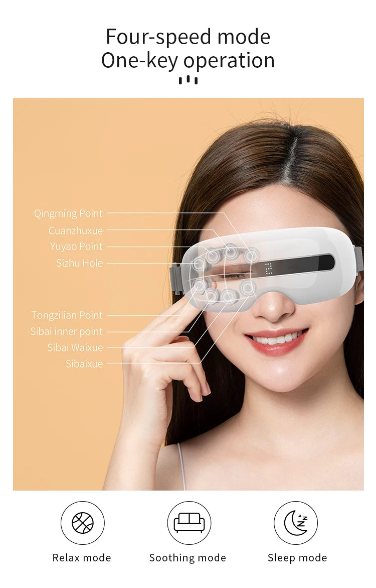 Eye massager features 4 modes, acupoints, and soothing sounds for relaxation and rejuvenation.