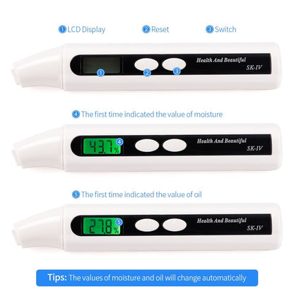 Visor LCD Analisador de pele Testador de umidade da pele Medidor de teste de óleo da pele Analisador de umidade e óleo da pele facial para testa e bochecha