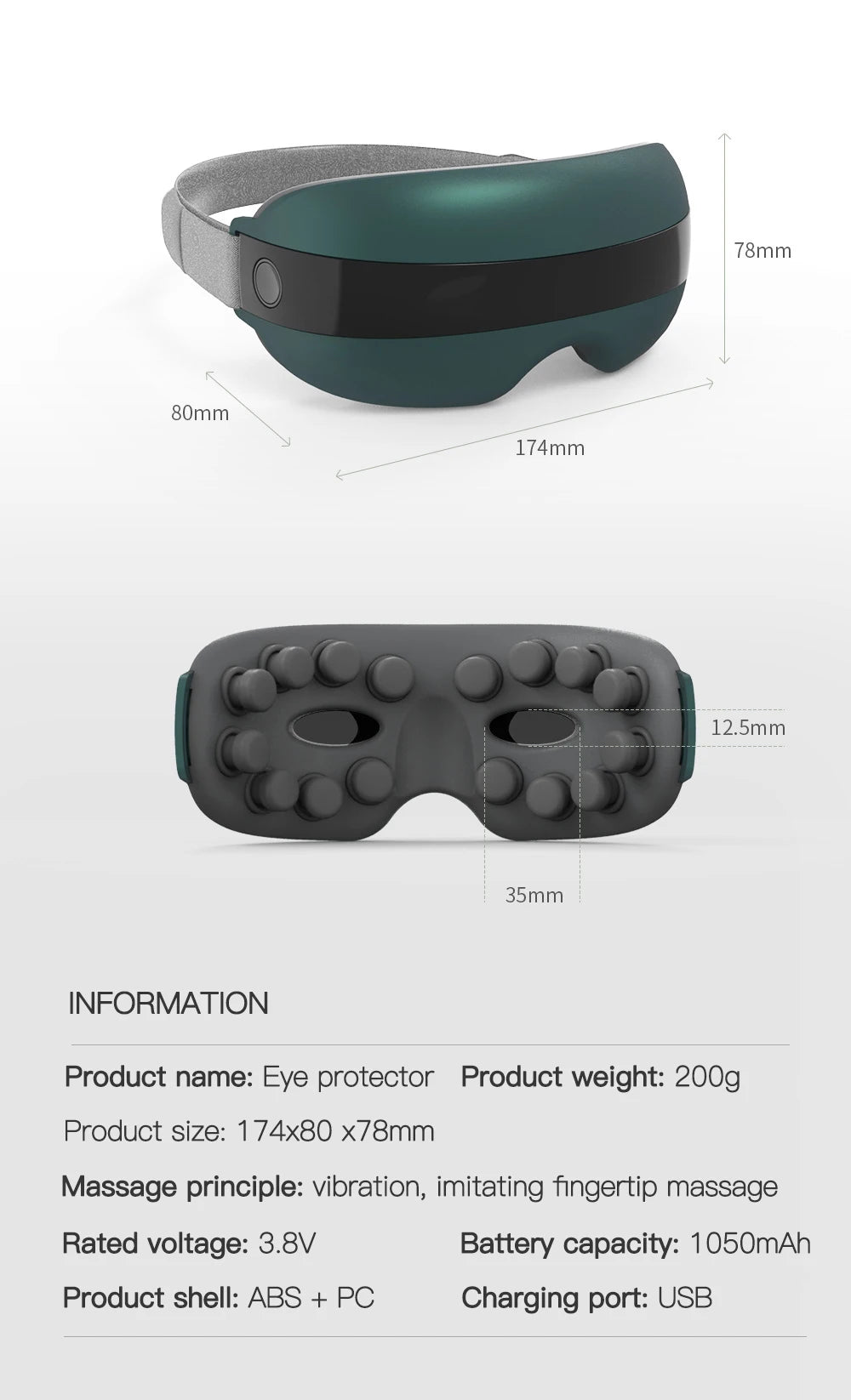 Portable eye massager for relieving eye fatigue, dark circles, and sleepiness.