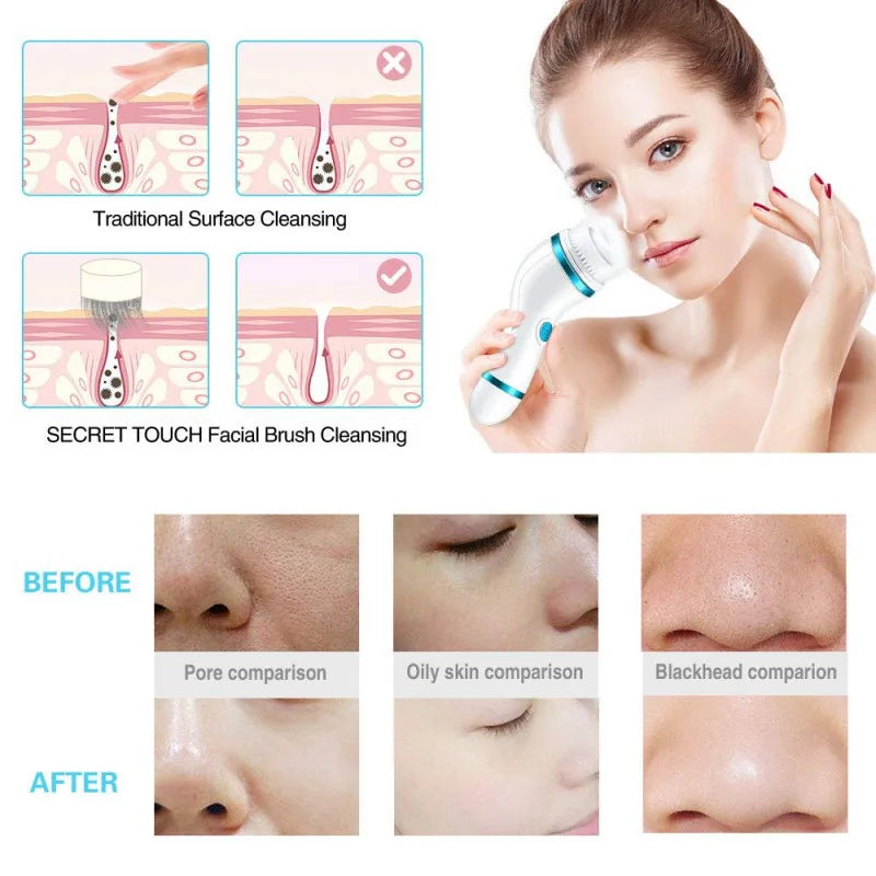 Before-and-after comparison of traditional cleansing vs innovative facial brush, revealing blackheads and pores transformation.