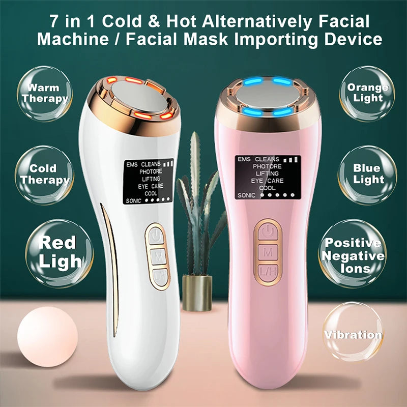 Multi-functional device for facial rejuvenation, featuring EMS, mesotherapy, electroporation, RF, and LED photon treatments.