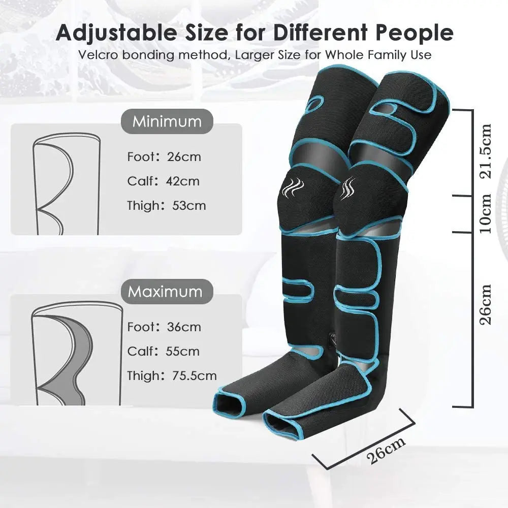 Adjustable leg massager fits various sizes (26-36 cm feet, 42-55 cm calves)