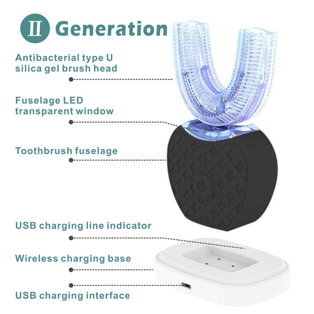 Ultrasonic U Shape 360 Degrees Intelligent Automatic Sonic Lazy Electric Toothbrush Blue Light USB Charging Tooth Whitening