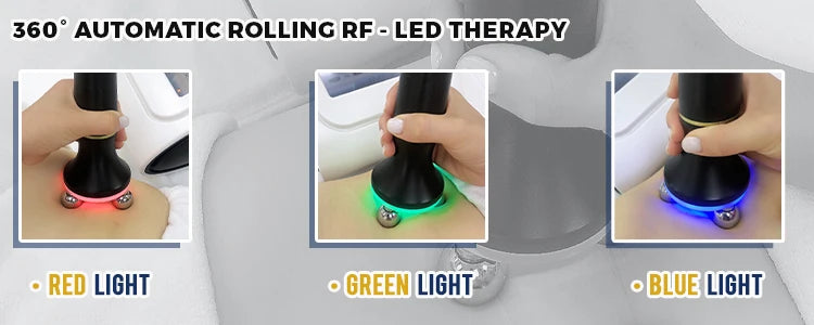 Comprehensive beauty treatment featuring automated rolling RF, LED therapy with red, green, and blue light.