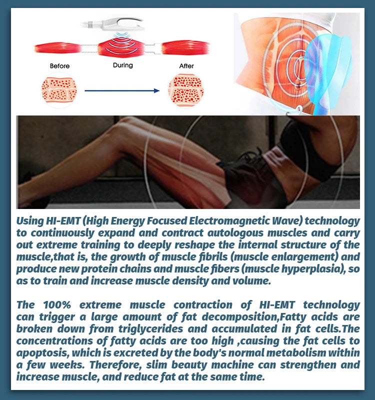 Muscle reshaping device for growth and fat reduction through HI-EMT technology.