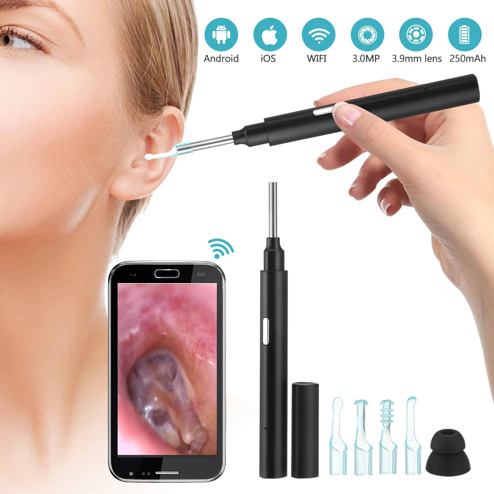 Wireless ear camera for oral inspections, compatible with Android/iOS, features 3.9mm lens and long-lasting 250mAh battery.