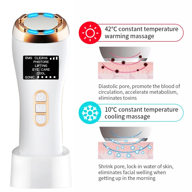 Multifunctional facial device offering various treatments for skin rejuvenation and care.