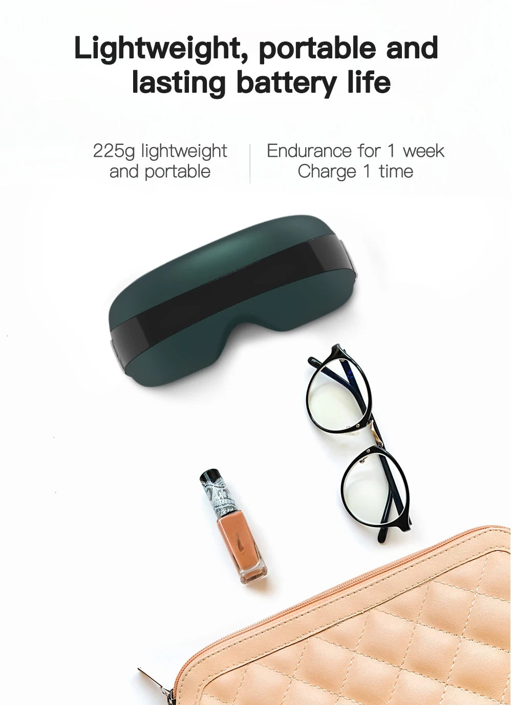 Compact eye massager with long-lasting battery and fast recharge.