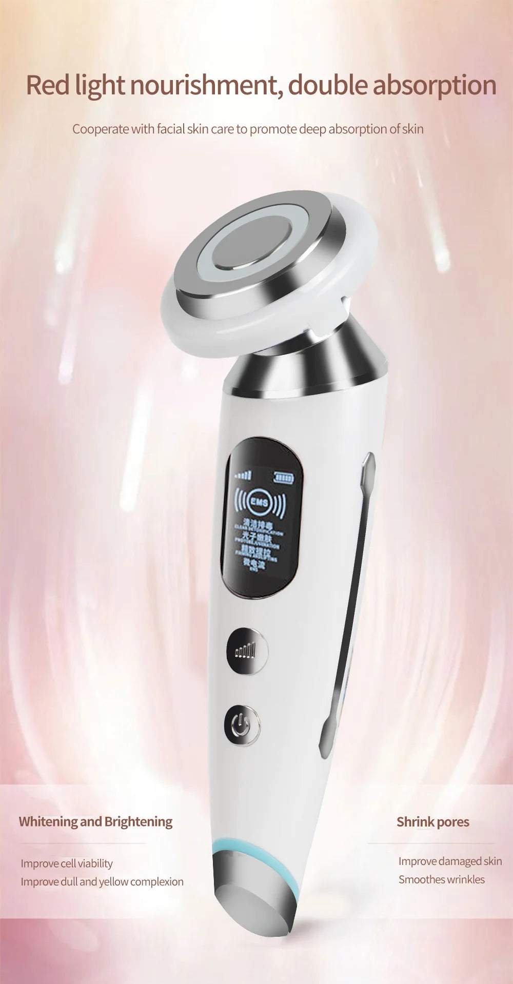 Red light therapy nourishes skin for a radiant complexion, improving tone, reducing pores, and smoothing wrinkles.