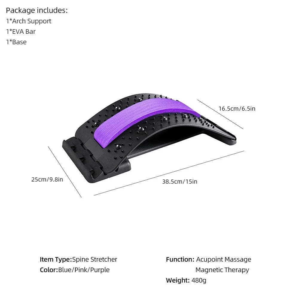 Spine stretcher with arch support, EVA bar, and magnetic therapy for back pain relief.