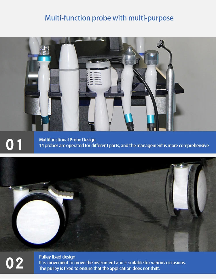 Multifunctional probe with adjustable handles and interchangeable probes for targeted treatments.