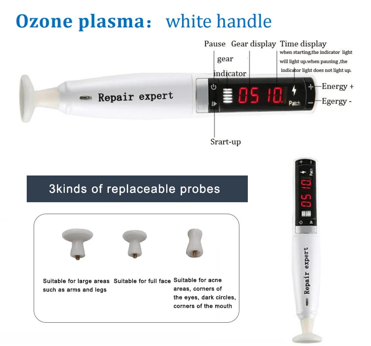 2023 Ozone Plasma Pen with ozone function, display, and interchangeable probes for facial and body use.